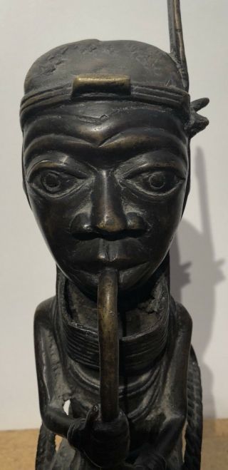 Vintage African Benin Bronze Statue Man W/ Pipe 15” Tall