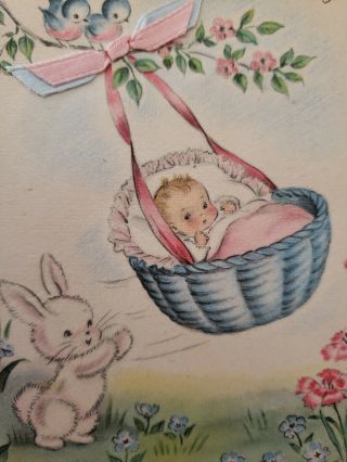 Vtg Norcross Greeting Card Baby Congrats Rock - A - Bye Baby Cradle Bunny 1940s