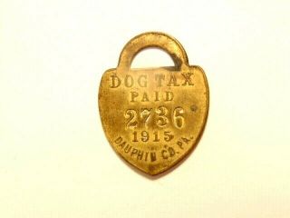 Vintage Brass Colored Metal 1915 Dauphin County,  Pa Dog Tag (tax Paid)