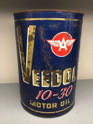 Vintage Veedol 10 - 30 Flying A Metal 5 Quart Oil Can Graphic Motor