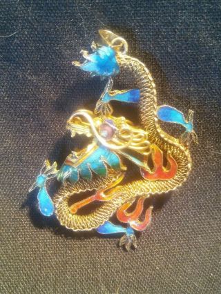 Vintage Chinese Export Gold Wash Silver Enamel Dragon Pendant 2 "