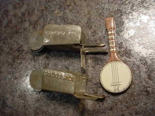 3 Vintage Tin Cracker Jack Prizes 2 Wheel Barrows & 1 Banjo