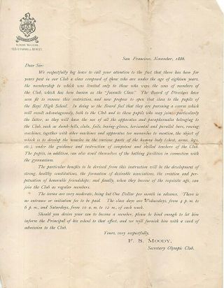 63688.  Nov 1886 Letter From Olympic Club San Francisco Ca,  Re: Sons Joining Gym