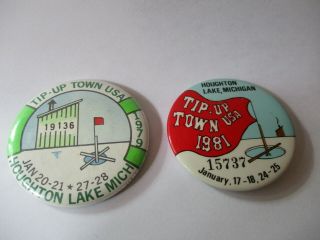 2 - Vintage Houghton Lake,  Michigan Tip - Up - Town Pin Badges,  1979,  1981