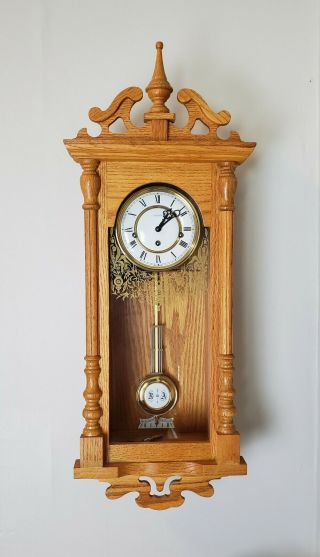Vtg German Emperor Oak Wall Clock Rod Chime W/key Wind - Up Regulator R&a Runs