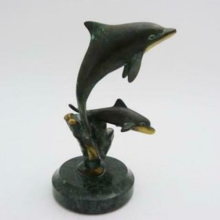 Vintage Bronze Sculpture Of A Mother And Baby Dolphin On Marble Base