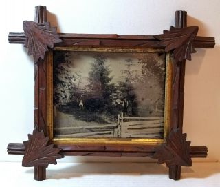 1870s Full - Plate Tintype Photo,  Farmer And Family; Old Adirondack Wood Frame