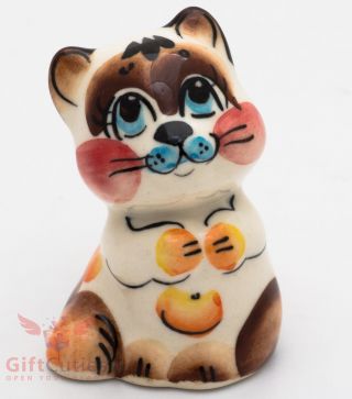 Playful Cat Kitty Collectible Gzhel Style Porcelain Figurine Hand - Painted