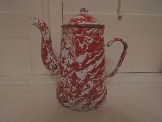 Vintage French Red & White Swirl Enamel Coffee Pot Enamelware
