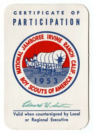 1953 Bsa National Jamboree Irvine Ranch Calif Certificate/card