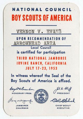 1953 BSA National Jamboree Irvine Ranch Calif Certificate/Card 2