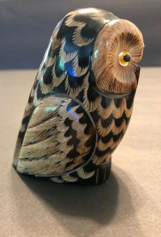 Owl Figure Hand Carved Animal Horn Small Figurine Intricately Carved Eyes 2