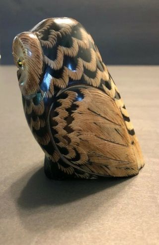 Owl Figure Hand Carved Animal Horn Small Figurine Intricately Carved Eyes 3