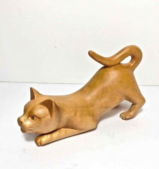 Hand Carved Wood Stretching Cat Sculpture Figurine Indonesia
