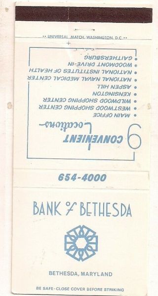 Bank Of Bethesda,  9 Locations,  Bethesda Md Montgomery Matchcover 012818