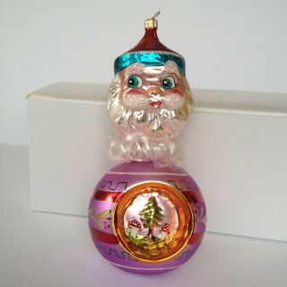 Christopher Radko Santa On Reflector Ball With Actual Beard Christmas Ornament