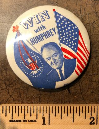 Hubert Humphrey " Win With Humphrey " Vintage Campaign Pin Rare