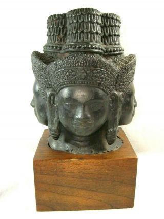 Vintage Bronze Cast Four Faces Of Brahma Buddha On Teak Wood Display Stand