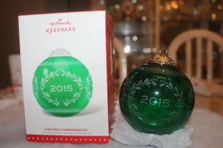 Hallmark Ornament 2015 Christmas Commemorative Green Glass Ball
