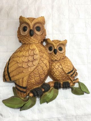 Retro Homco Owl Pair Wall Plaques Wall Decor Plastic Molded 10 - 1/2 Inches