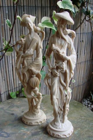Large Exquisite Vintage Chinese Carved Cast Man And Woman Statues