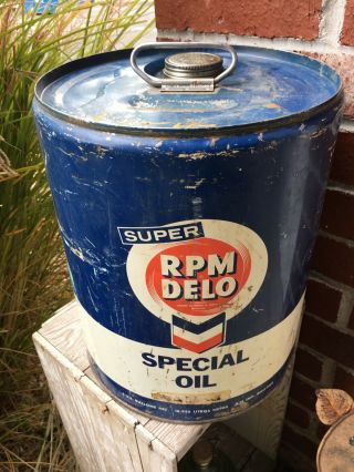 Vintage Chevron Rpm Delo Special Motor Oil Can 5 Gallon Usa Complete