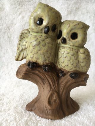 Vintage Ceramic Owls Figurine Olive Green Love Owl Couple On Brown Branch Euc