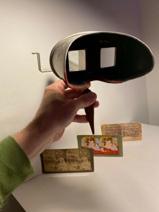 Antique Stereoscope 3D Viewer Wood Handle 1900 Exhibition Cards 2