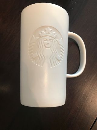 Rare Starbucks Ceramic 16 Oz Coffee Mug 2014 White On Embossed Siren Logo