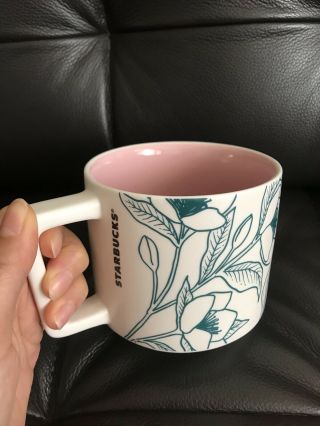 Starbucks Spring 14 Oz.  Ceramic Mug Teal White Flowers Floral With Pink Interior