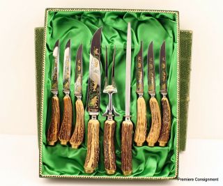 Vintage Anton Wingen Solingen Jr.  German Stag Handle Carving Knife Set W/ Box