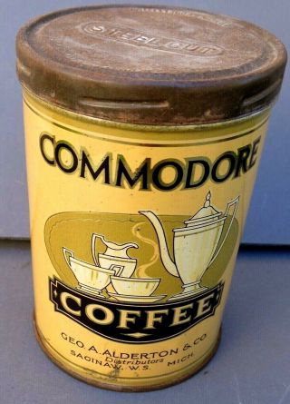 Vintage Commodore Coffee Tin - 1 Pound Tall - Saginaw,  Mich