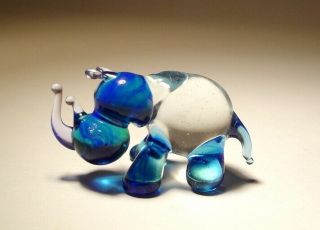Blown Glass Art Animal Figurine Small Blue And Clear Rhinoceros Rhino