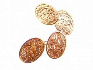 9ct Gold Oval Engraved Double Chain Vintage Cuff Links