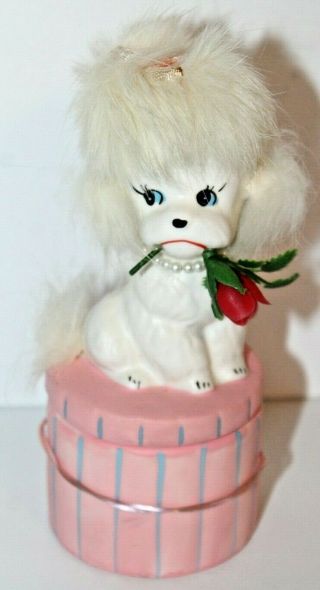 Vintage Enesco Japan 2 Pc Pink Trinket Box W/puppy Holding Flower On Lid,  Has Fur
