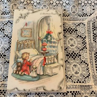 Vintage Greeting Card Christmas Girl Praying Teddy Bear Doll