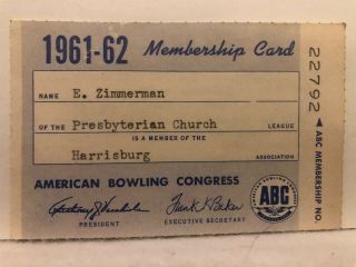 1961 1962 American Bowling Congress Membership Card Abc Pba Harrisburg Pa