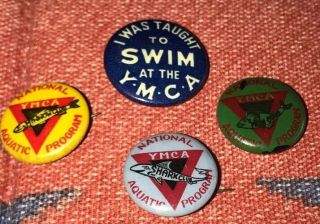 4 Vtg Ymca Pin Back Buttons " I Was Taught To Swim At The Ymca " &aquatic Program