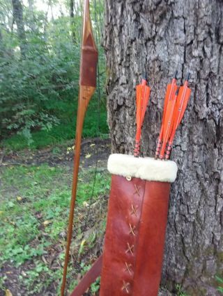 Vintage Ted Kramer Autumn Yew Wood Longbow,  Leather Back Quiver,  & Cedar Arrows