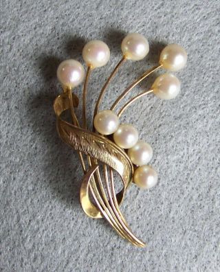 Vintage 14k Yellow Gold And Pearl Spray Pin Brooch