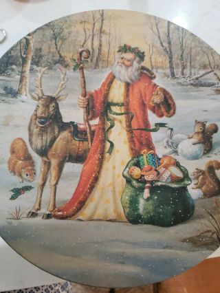 Large Vtg 10 " Round Christmas Cookie Tin Candy Old World Santa St Nick Reindeer