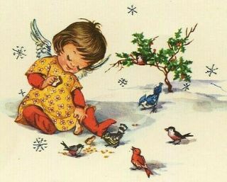 Vintage Pixie Angel Feeding Birds Christmas Greeting Card C F Christensen Mcm