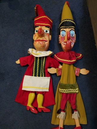 Set Of 2 Vintage Hand - Carved Wooden Punch And Judy Puppets