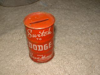 Vintage Dodge Red Barrel Shape Coin Bank 3 " Metal Oil Can Dodge Oil Advertising