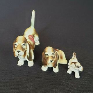 Vintage Japan Bone China Miniature Basset Hound Family Dog Figurines Set Of 3