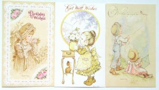 3 Vintage Greeting Cards Sarah Kay Old Fashioned Girls Kids Kitten Flowers