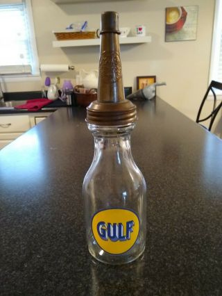 Vintage Style Gulf 1 Quart Glass Motor Oil Bottle Spout & Dust Cap