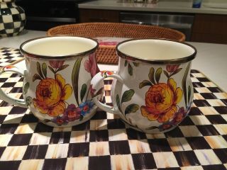 Mackenzie - Childs White - Flower Market - Enamel Coffee Mug Tea Cup (set Of 2)