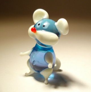 Blown Glass Art Animal Figurine Small Blue With Big White Ears Mouse Rat
