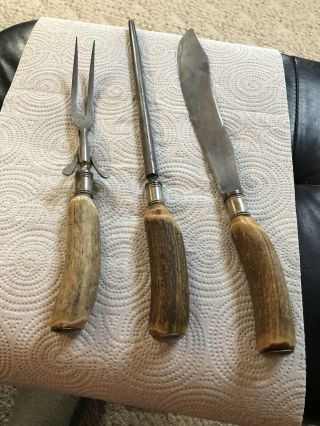Vintage Winchester 3 - Piece Stag Horn Handle Carving Set Knife Fork Steel